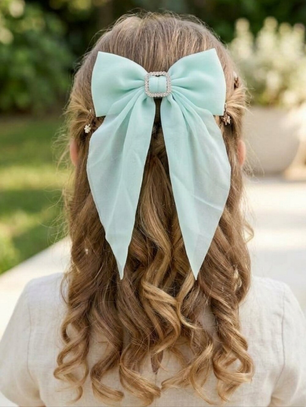 Large Blue Bow Hair Bow with Rhinestone Center